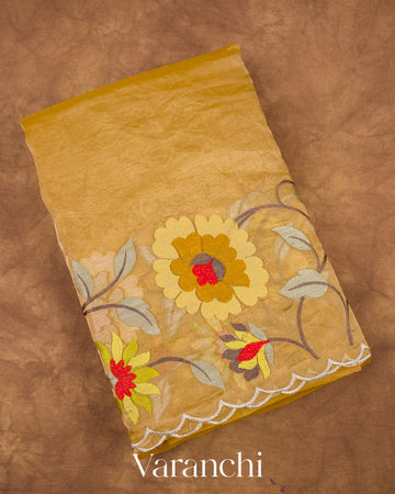 Mustard Yellow Floral Embroidered Pure Tissue Kora Silk Saree