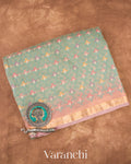 Muted Aqua Blue Embroidered Pure Tissue Kora Silk Saree 