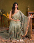Muted Aqua Blue Embroidered Pure Tissue Kora Silk Saree 