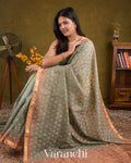 Muted Aqua Blue Embroidered Pure Tissue Kora Silk Saree 