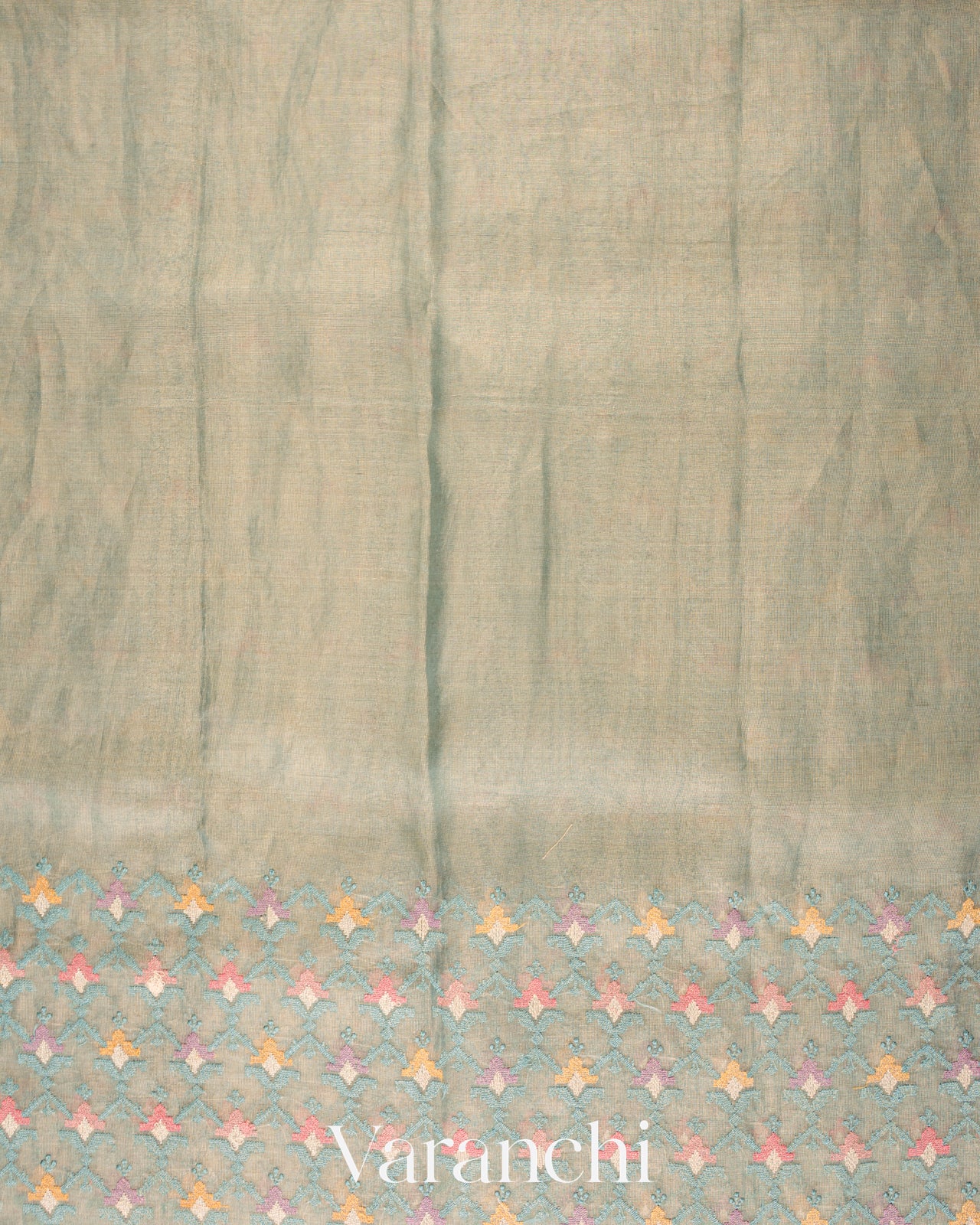 Muted Aqua Blue Embroidered Pure Tissue Kora Silk Saree 