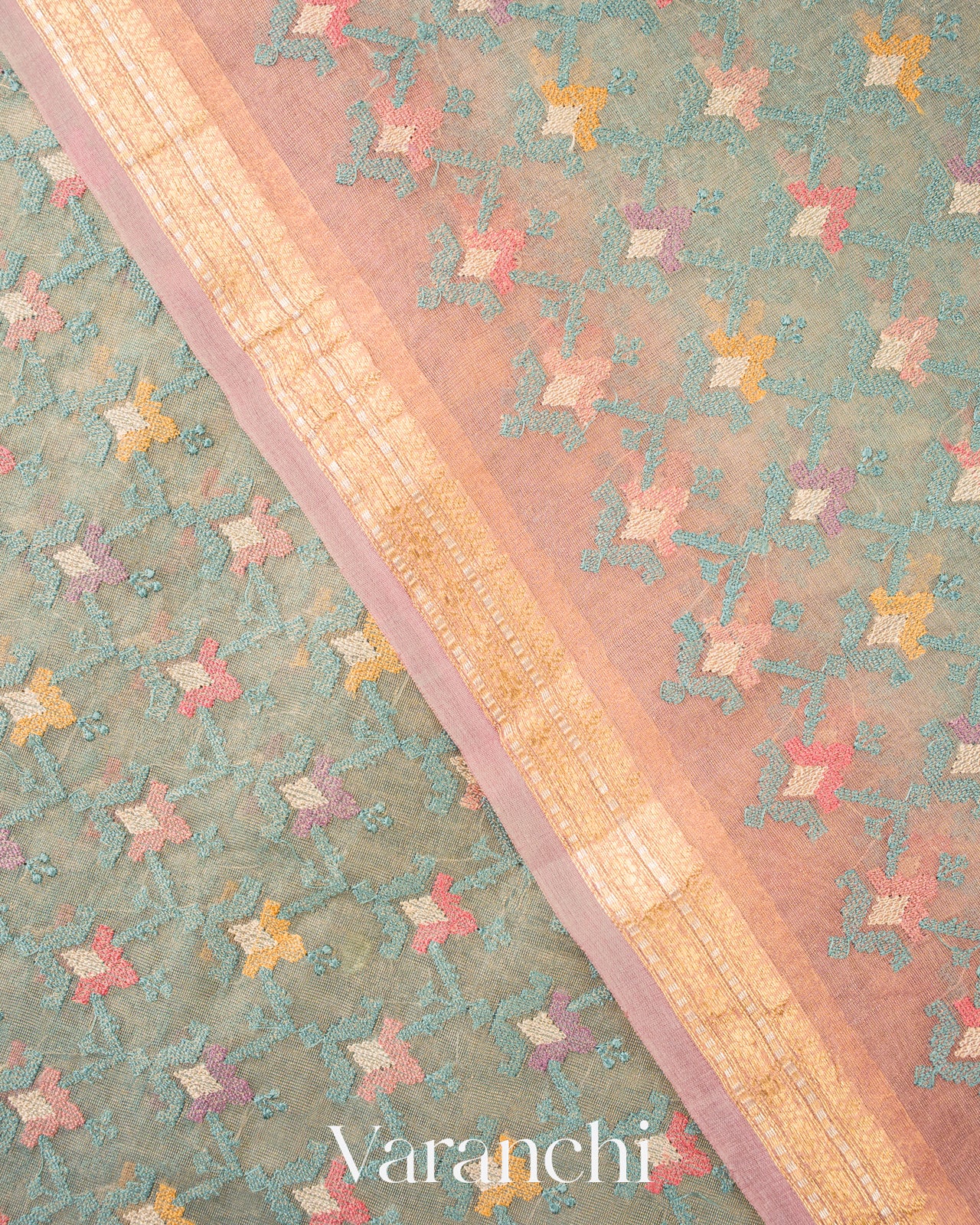 Muted Aqua Blue Embroidered Pure Tissue Kora Silk Saree 