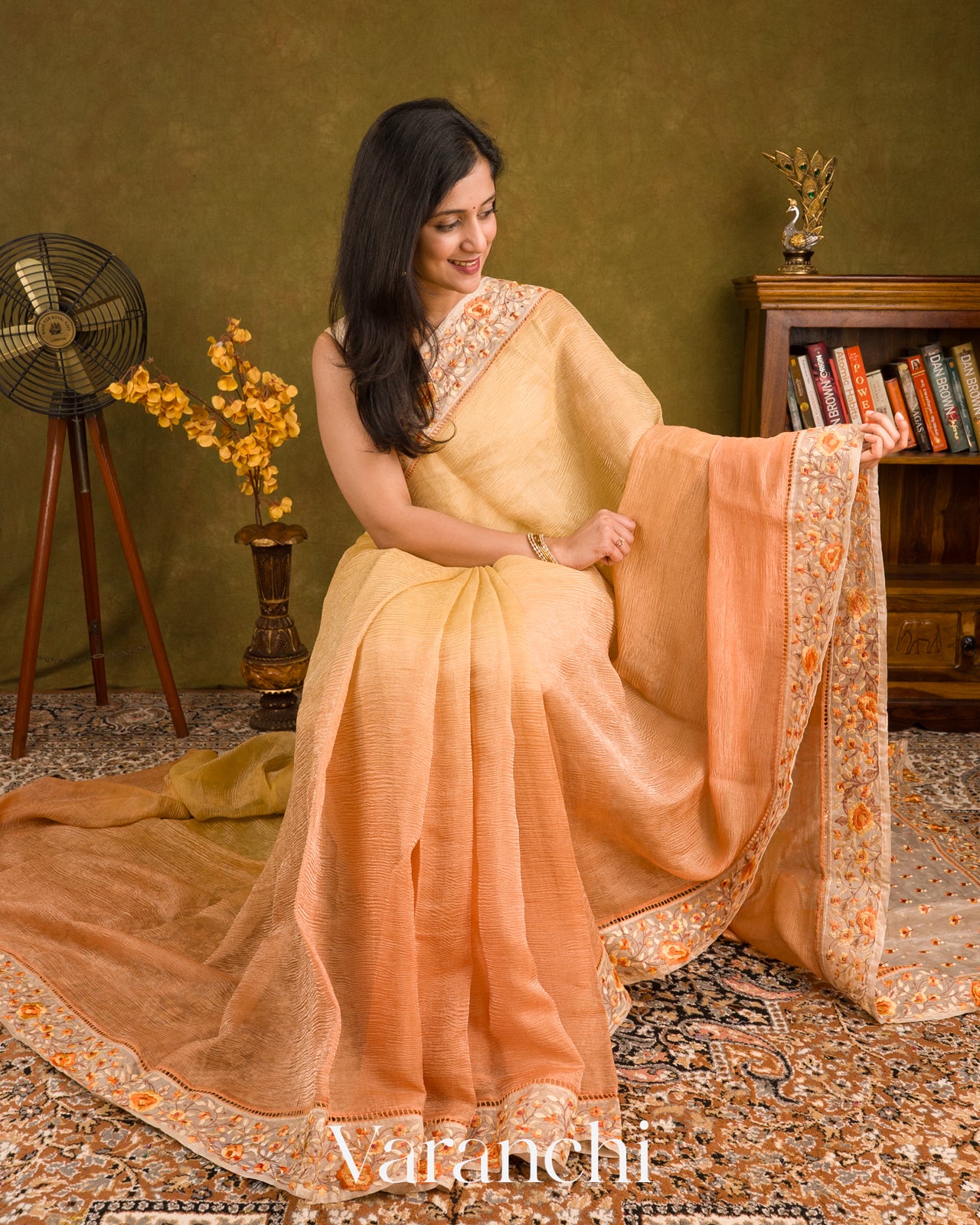 Soft Yellow–Peach Ombre-Dyed Pure Crush Tissue Kora Silk Saree