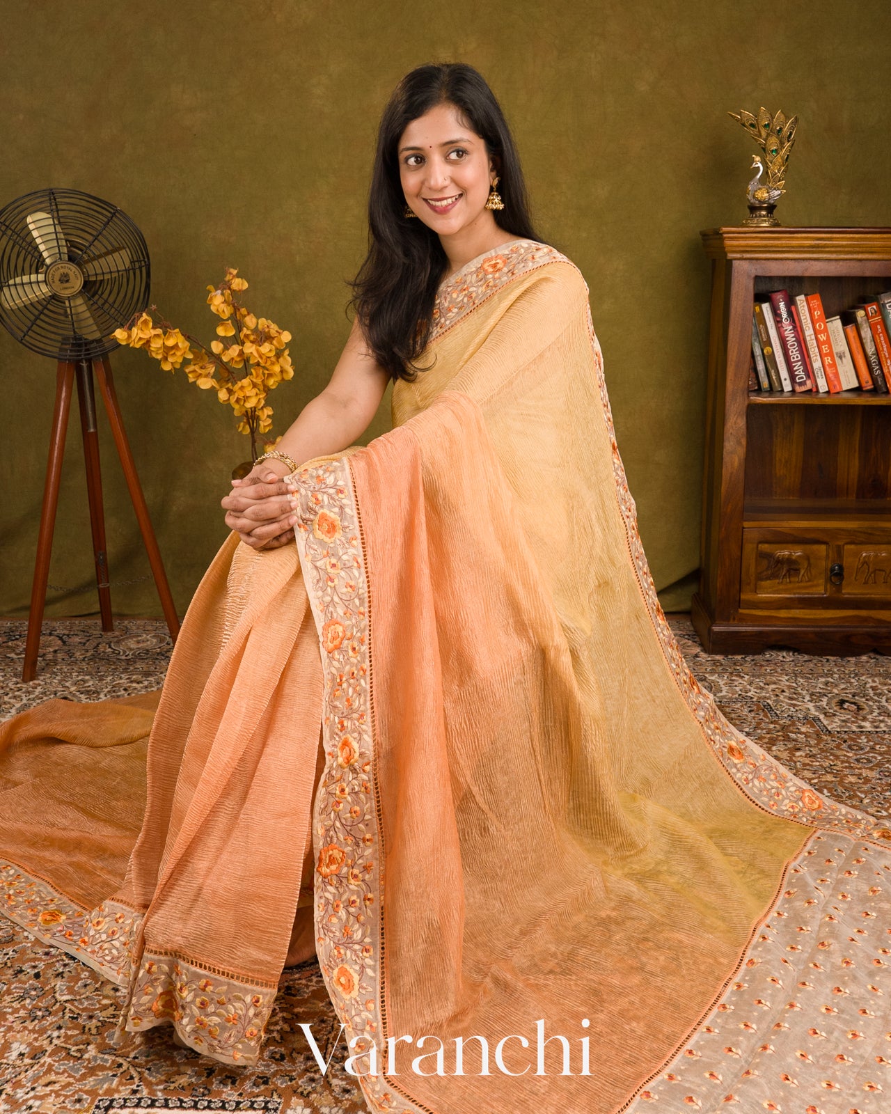 Soft Yellow–Peach Ombre-Dyed Pure Crush Tissue Kora Silk Saree