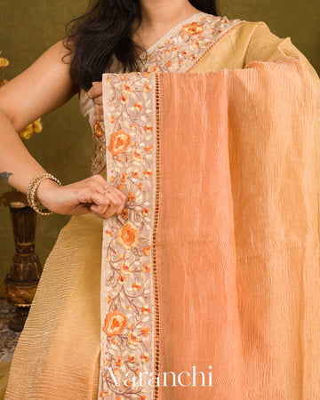 Soft Yellow–Peach Ombre-Dyed Pure Crush Tissue Kora Silk Saree