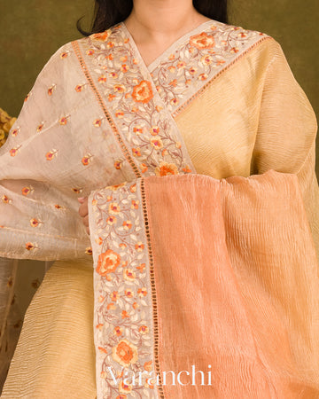 Soft Yellow–Peach Ombre-Dyed Pure Crush Tissue Kora Silk Saree