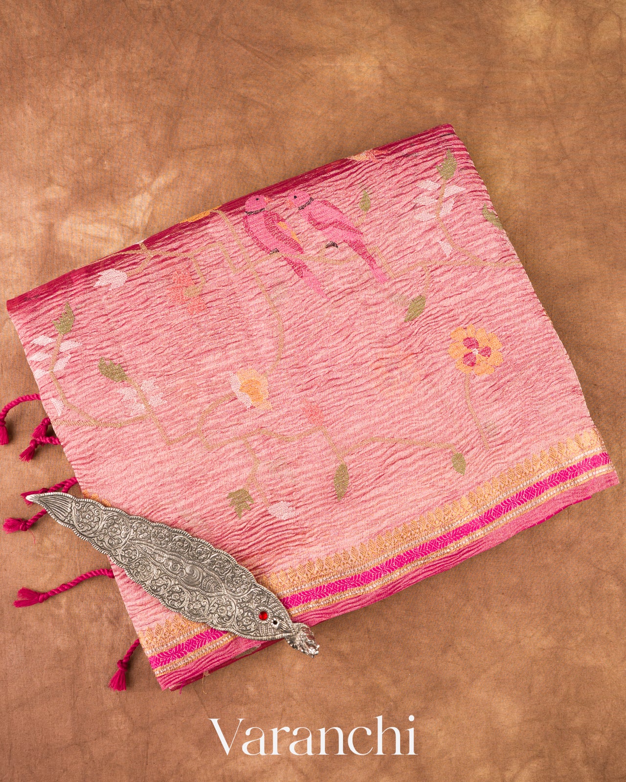 Blush Pink Embroidered Pure Tissue Kora Silk Saree