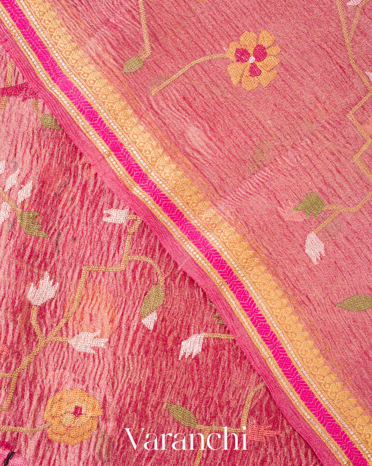 Blush Pink Embroidered Pure Tissue Kora Silk Saree