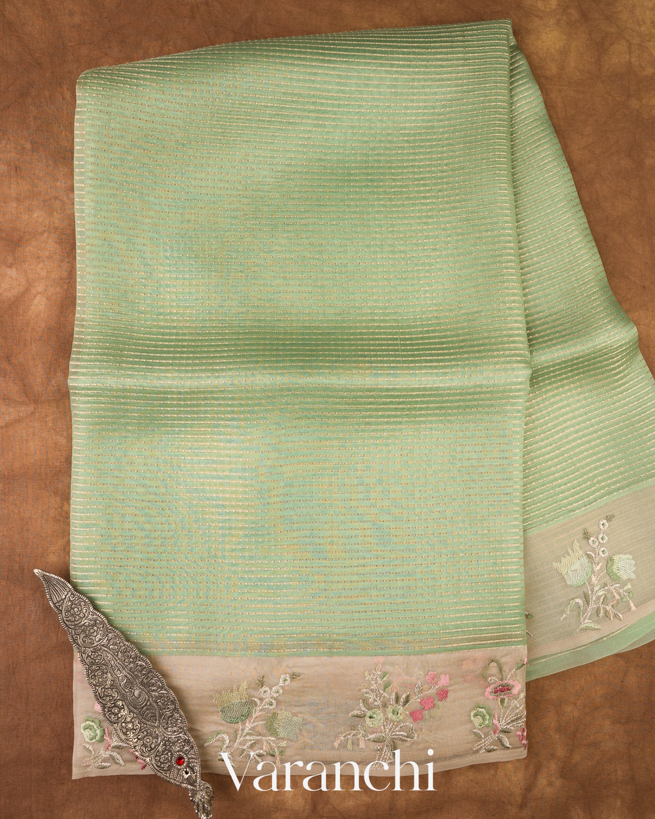 Pista Green Striped Pure Kora Silk Saree