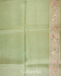 Pista Green Striped Pure Kora Silk Saree