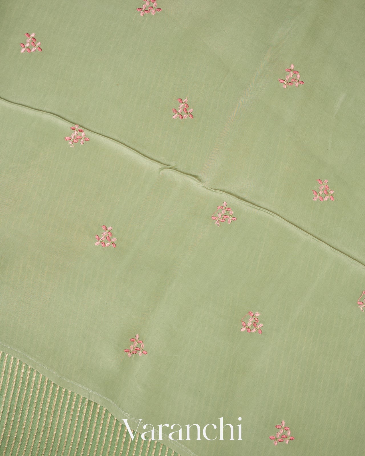 Pista Green Striped Pure Kora Silk Saree