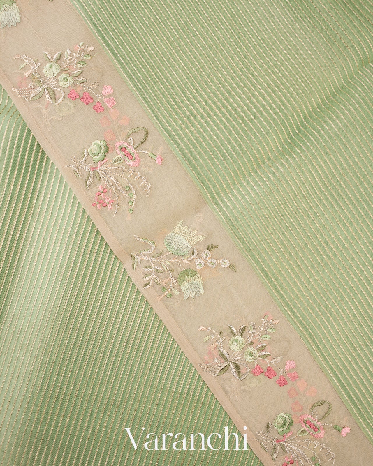 Pista Green Striped Pure Kora Silk Saree