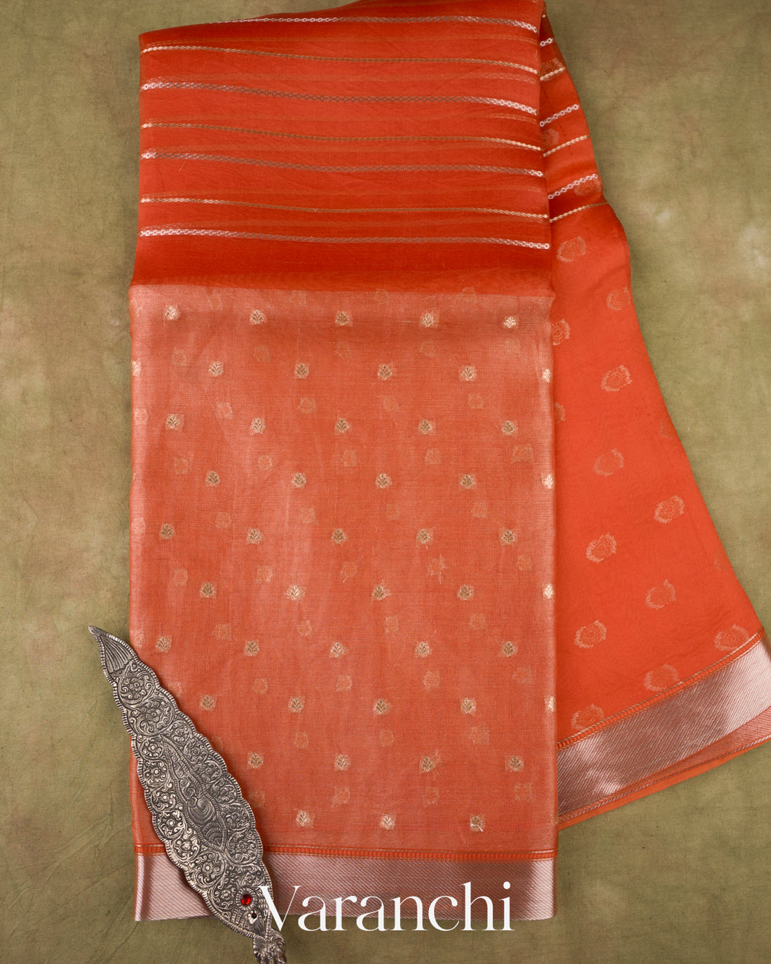 Burnt Red Tissue Pure Kora Silk Saree