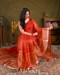 Burnt Red Tissue Pure Kora Silk Saree
