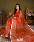 Burnt Red Tissue Pure Kora Silk Saree