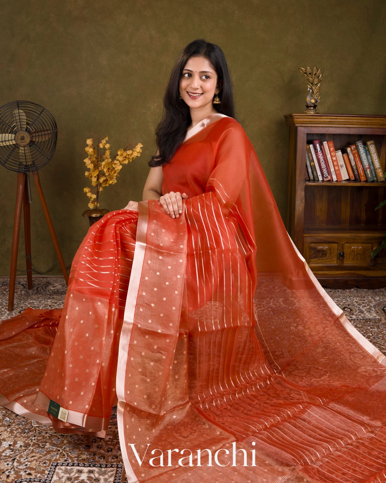 Burnt Red Tissue Pure Kora Silk Saree