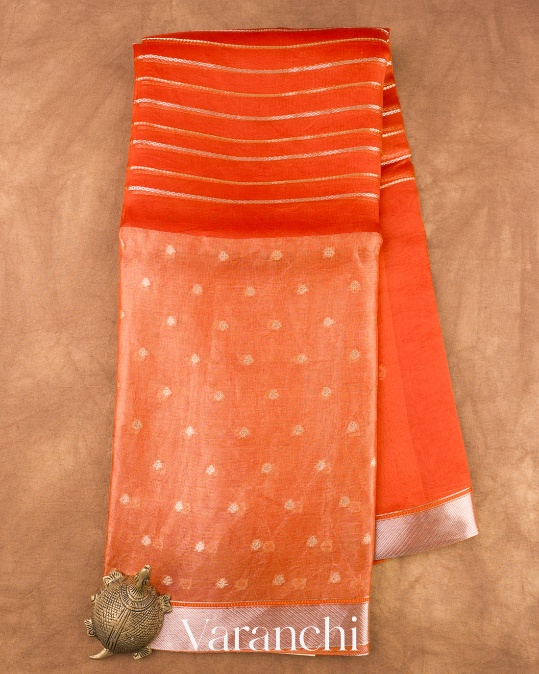 Rust Orange Tissue Pure Kora Silk Saree