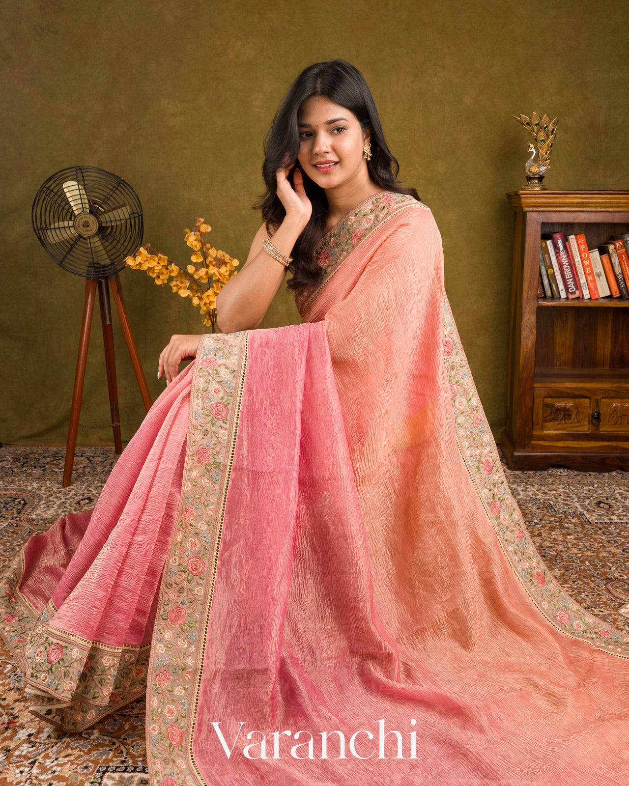 Blush Pink-Deep Rose Pink Ombre-Dyed Pure Crush Tissue Kora Silk Saree