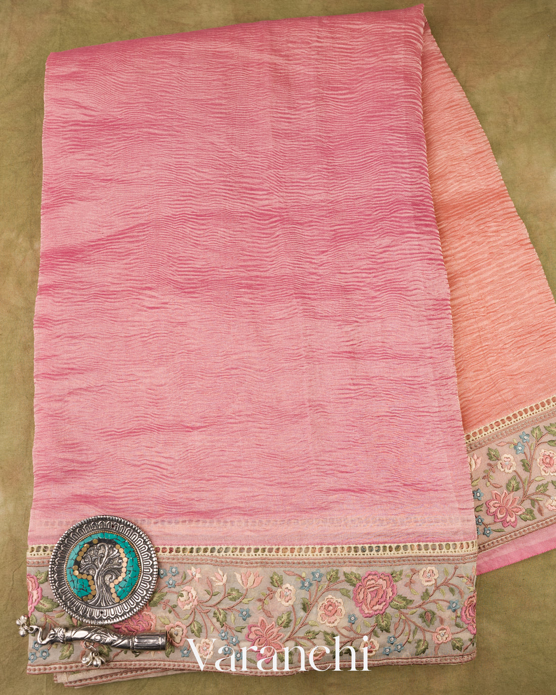Blush Pink-Deep Rose Pink Ombre-Dyed Pure Crush Tissue Kora Silk Saree