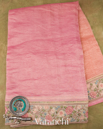 Blush Pink-Deep Rose Pink Ombre-Dyed Pure Crush Tissue Kora Silk Saree