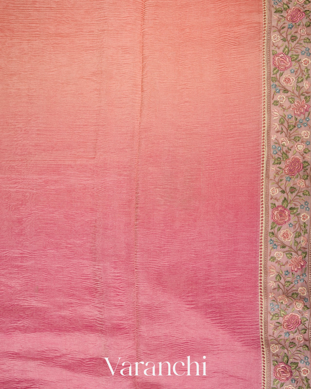Blush Pink-Deep Rose Pink Ombre-Dyed Pure Crush Tissue Kora Silk Saree