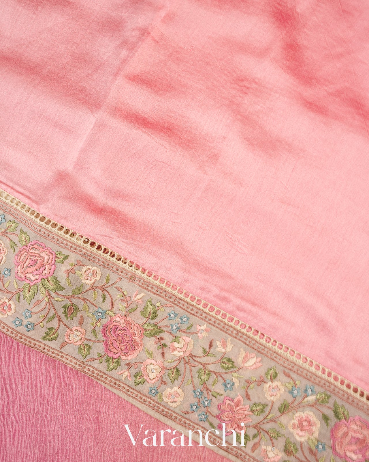 Blush Pink-Deep Rose Pink Ombre-Dyed Pure Crush Tissue Kora Silk Saree