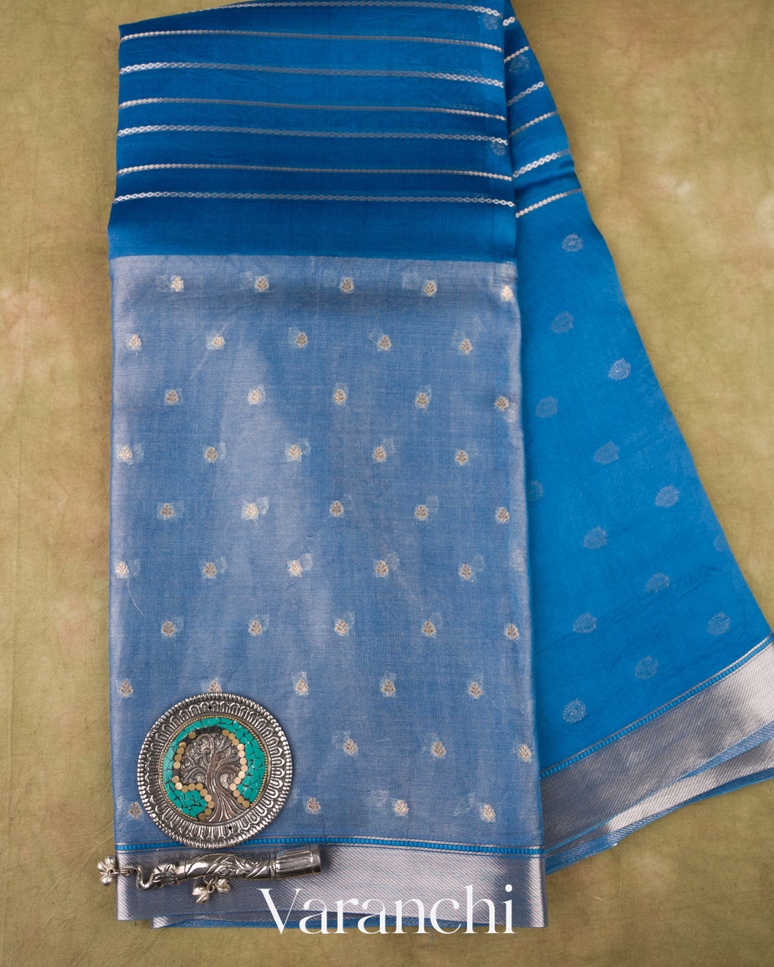 Ink Blue Tissue Pure Kora Silk Saree