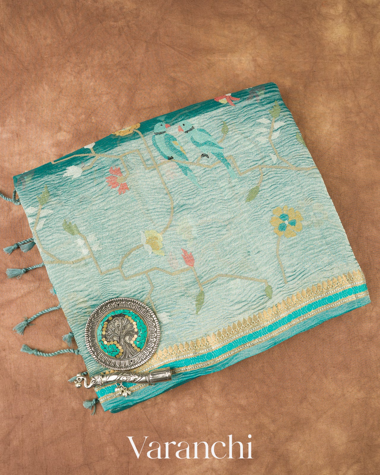Aqua Teal Embroidered Pure Tissue Kora Silk Saree 