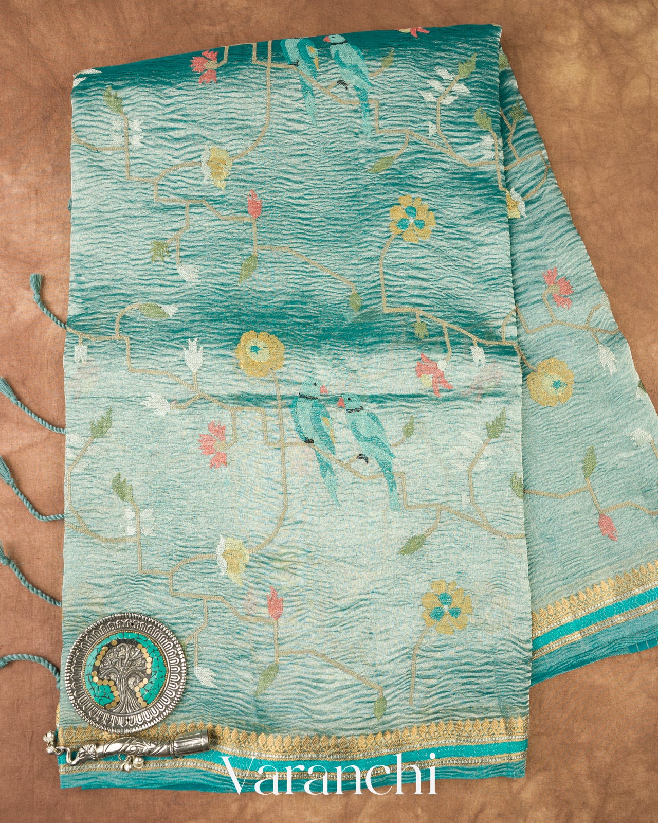 Aqua Teal Embroidered Pure Tissue Kora Silk Saree 