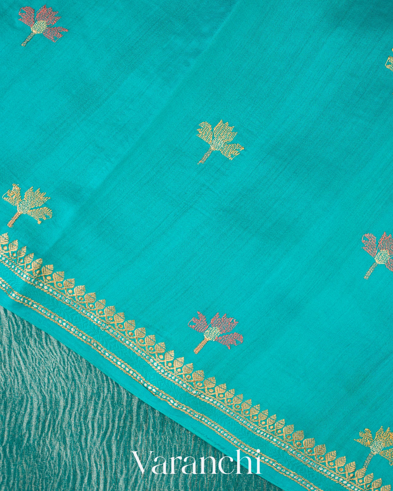 Aqua Teal Embroidered Pure Tissue Kora Silk Saree 