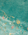 Aqua Teal Embroidered Pure Tissue Kora Silk Saree 