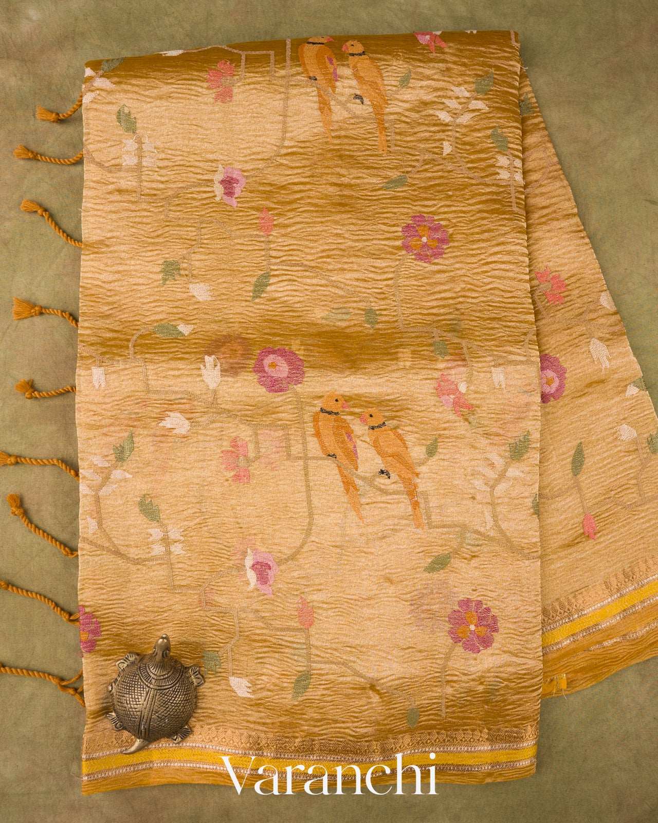 Marigold Yellow Floral Embroidered Pure Tissue Kora Silk Saree