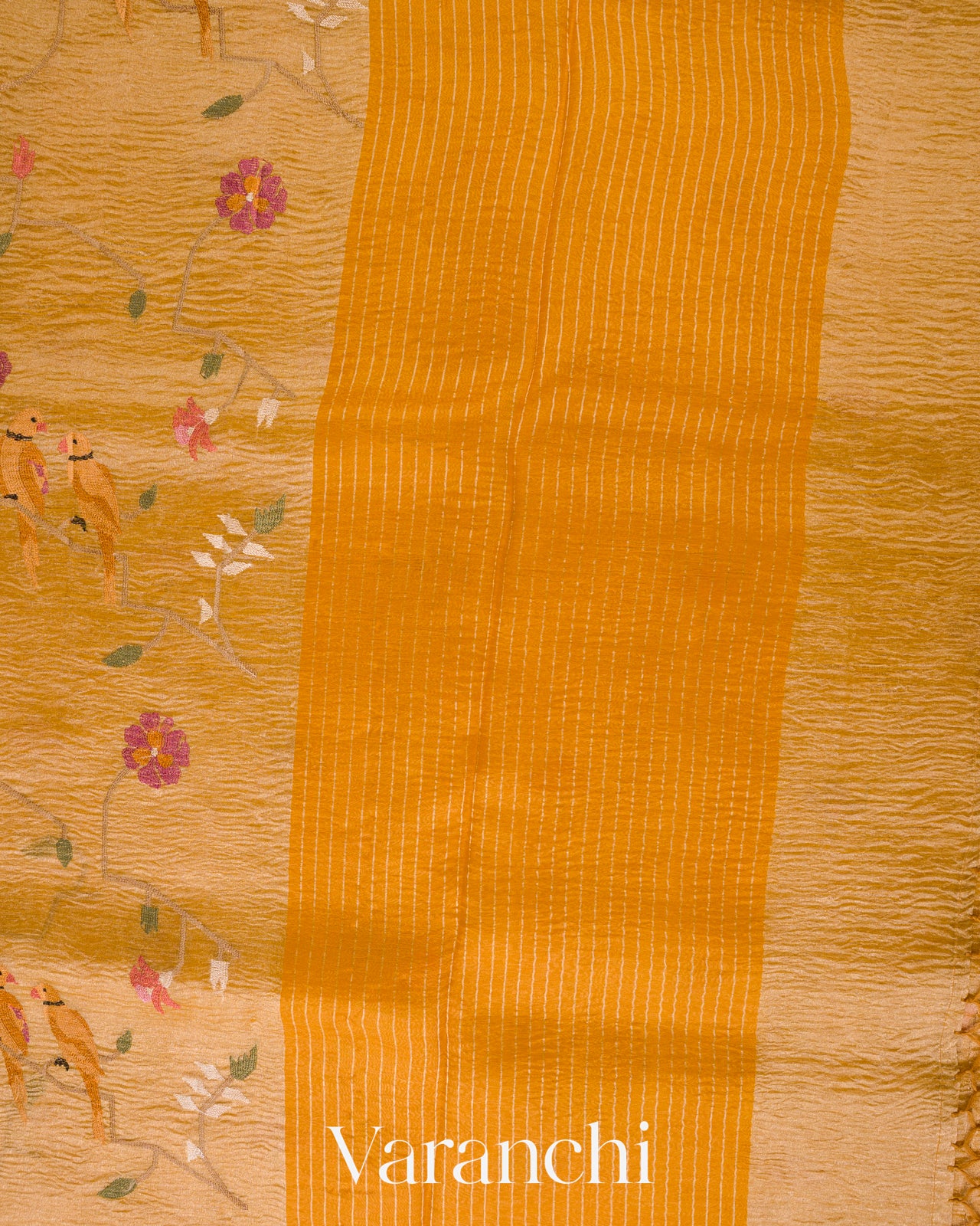 Marigold Yellow Floral Embroidered Pure Tissue Kora Silk Saree