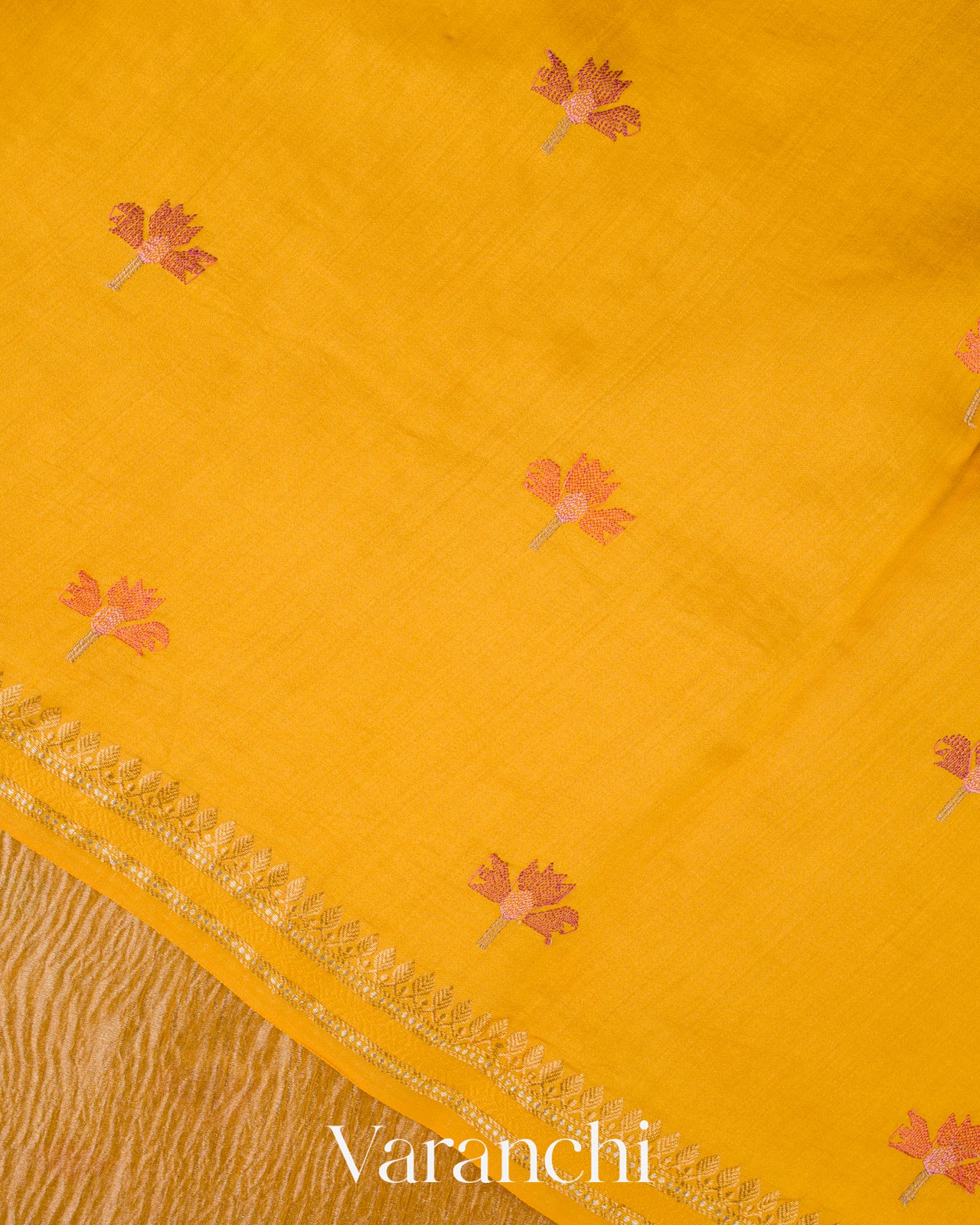 Marigold Yellow Floral Embroidered Pure Tissue Kora Silk Saree