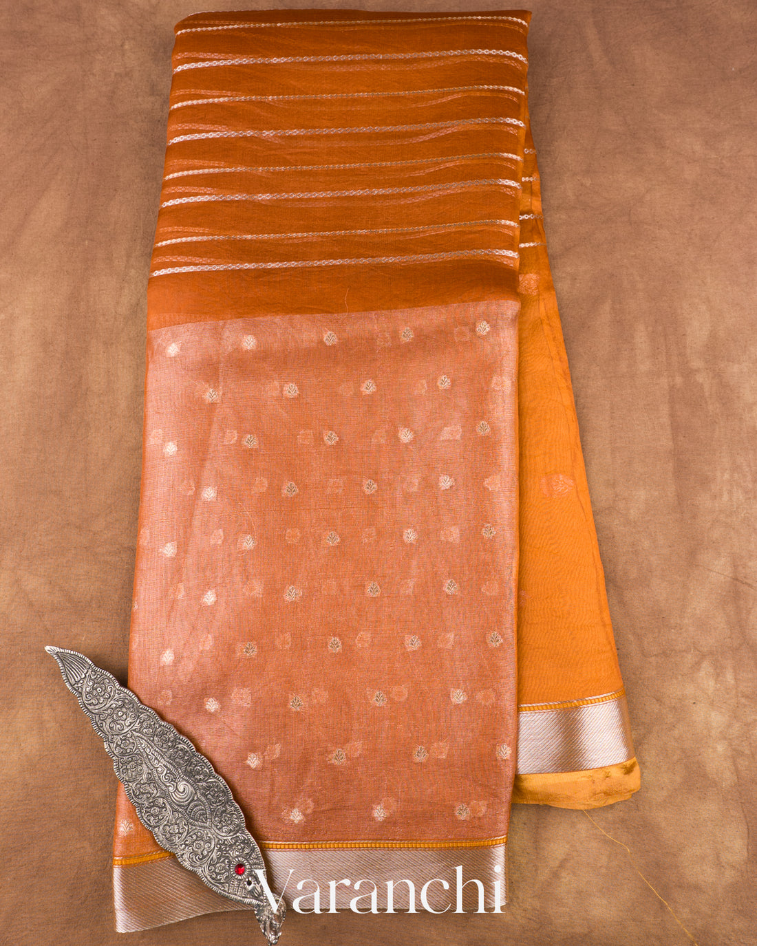 Burnt Orange Tissue Pure Kora Silk Saree