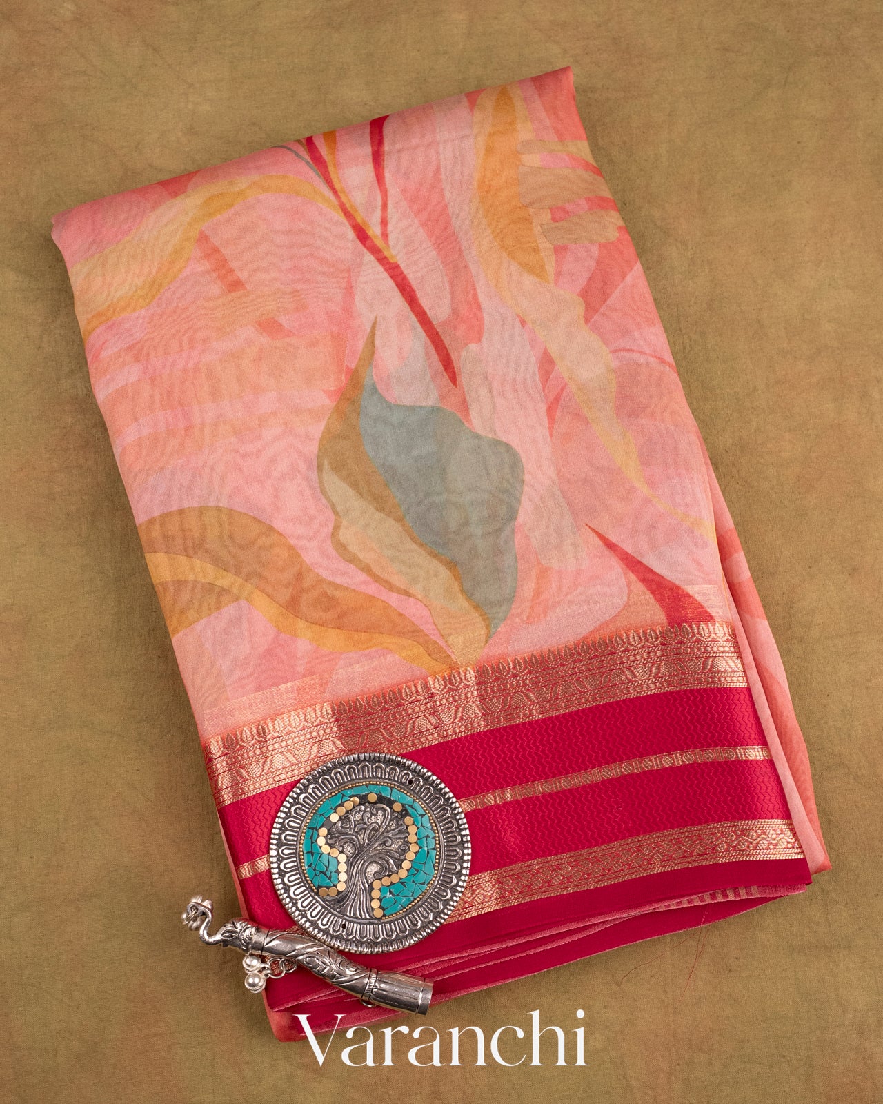 Ruby Pink Printed Pure Kora Silk Saree
