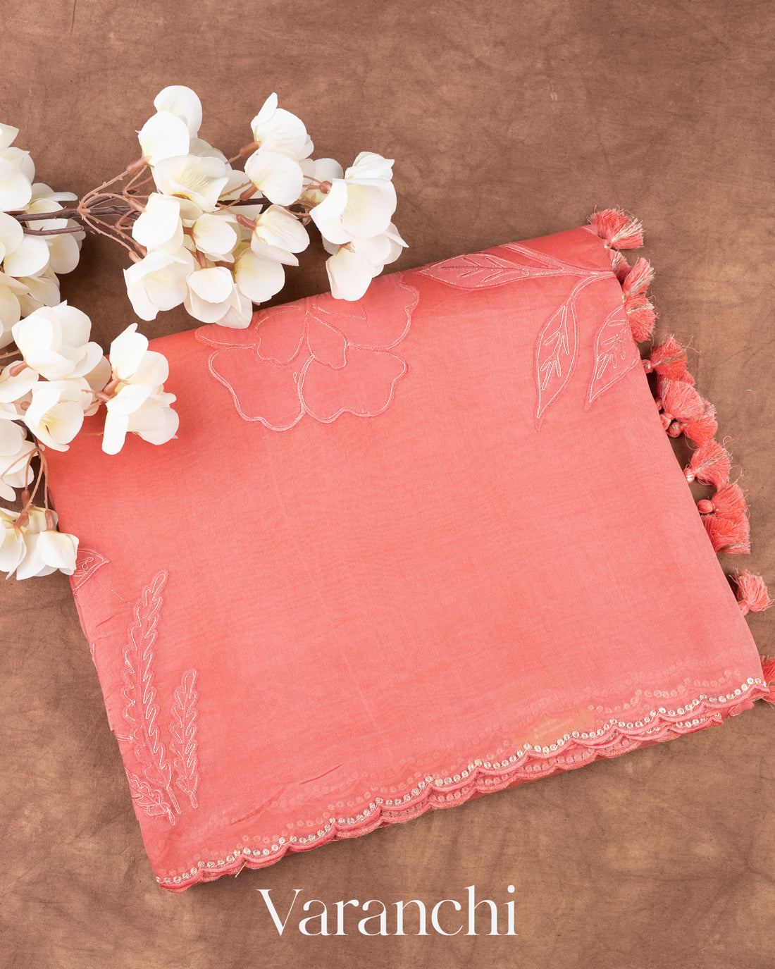 Soft Peach Floral Applique Pure Kora Silk Saree