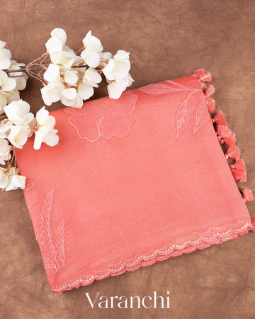 Soft Peach Floral Applique Pure Kora Silk Saree