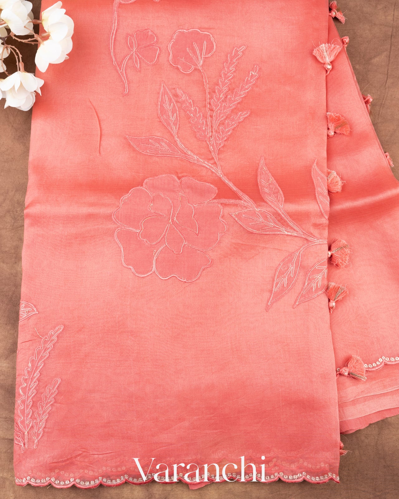 Soft Peach Floral Applique Pure Kora Silk Saree