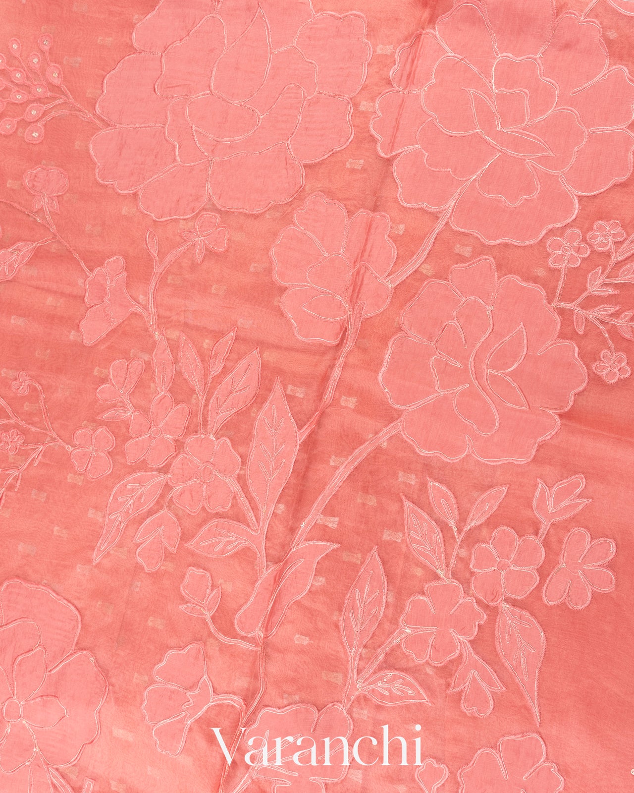 Soft Peach Floral Applique Pure Kora Silk Saree