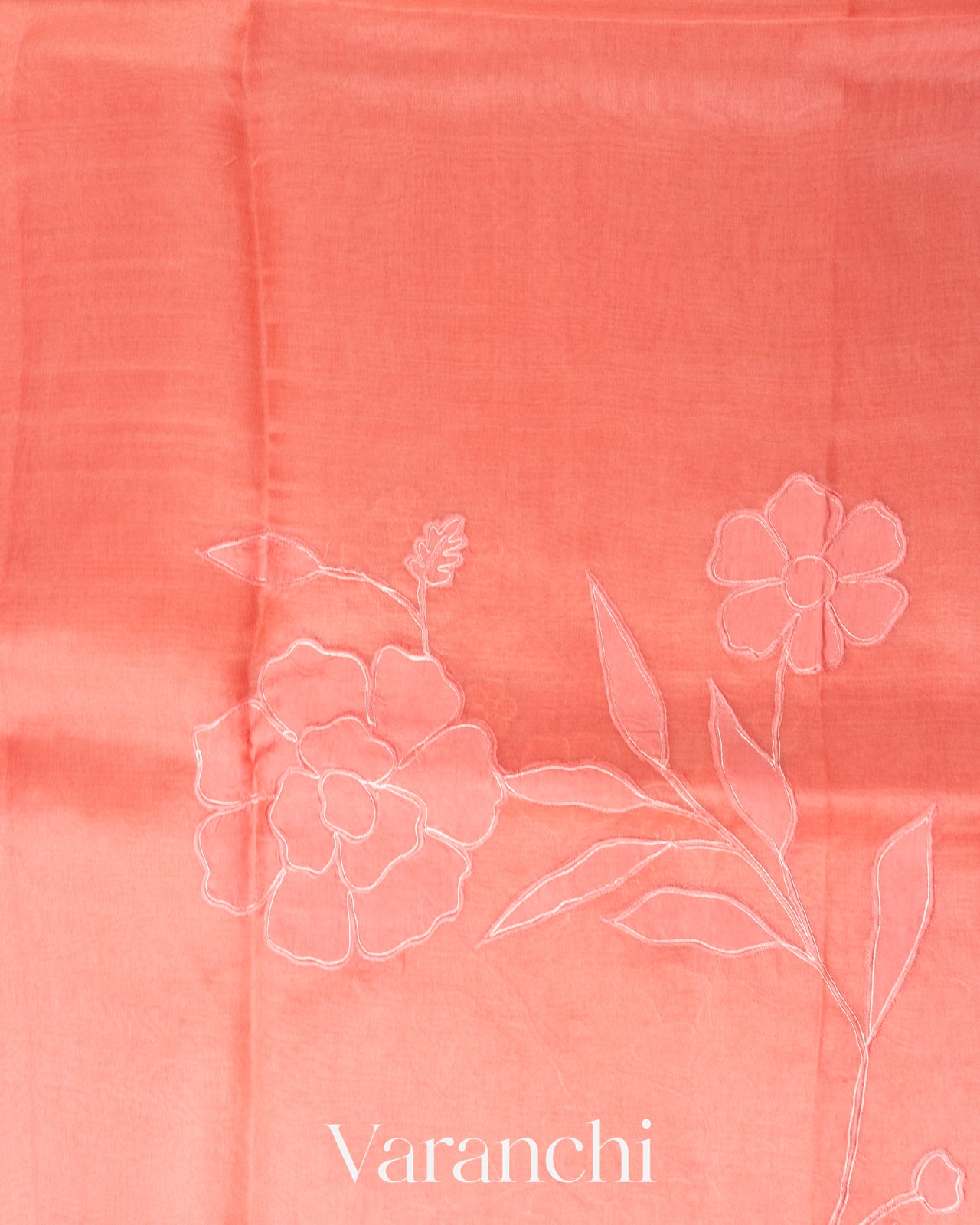 Soft Peach Floral Applique Pure Kora Silk Saree