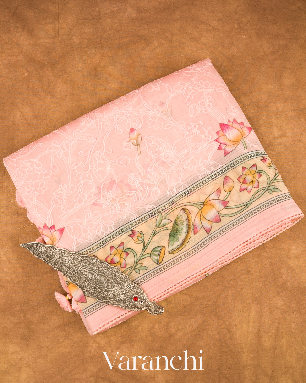 Blush Pink Embroidered and Digital Printed Pure Kora Silk Saree 