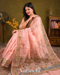 Blush Pink Embroidered and Digital Printed Pure Kora Silk Saree 