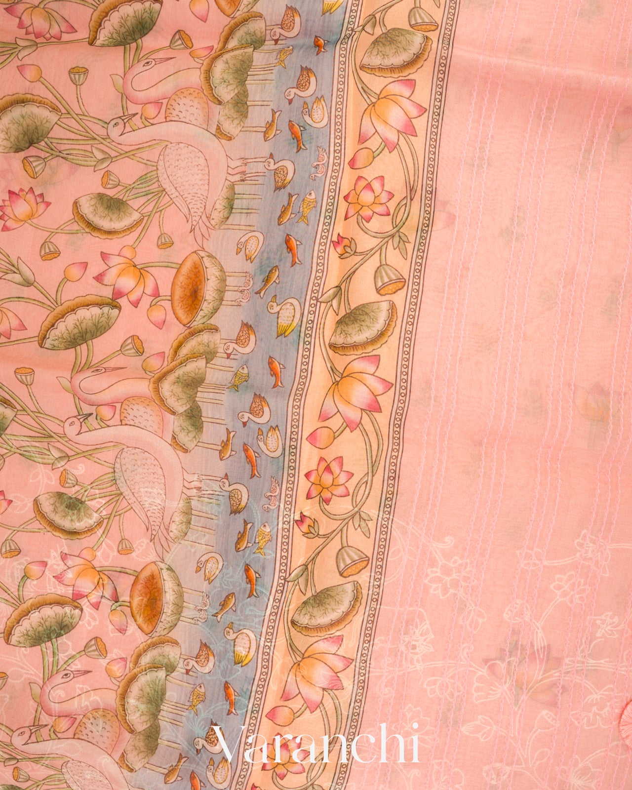 Blush Pink Embroidered and Digital Printed Pure Kora Silk Saree 
