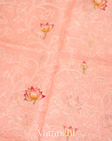 Blush Pink Embroidered and Digital Printed Pure Kora Silk Saree 