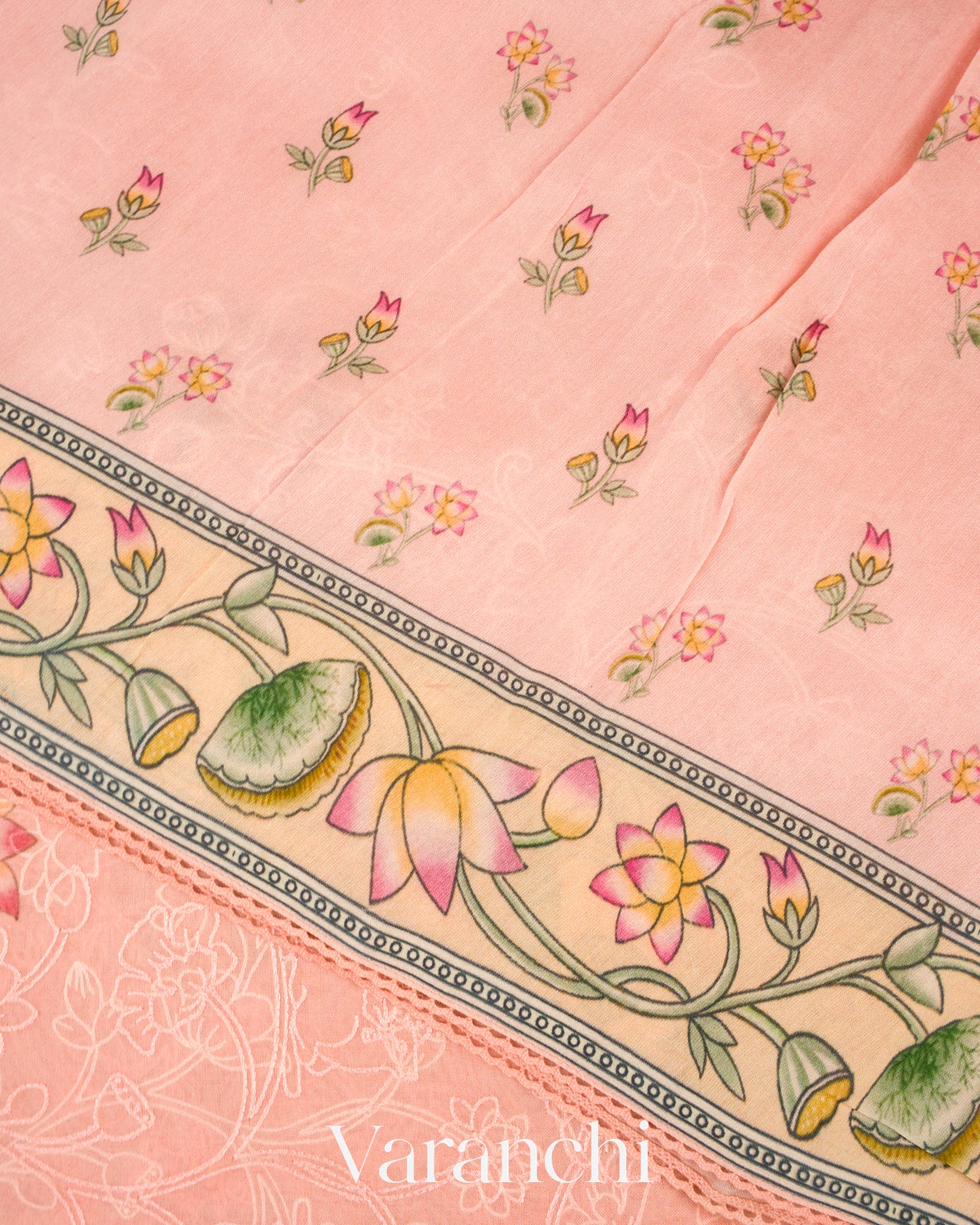 Blush Pink Embroidered and Digital Printed Pure Kora Silk Saree 