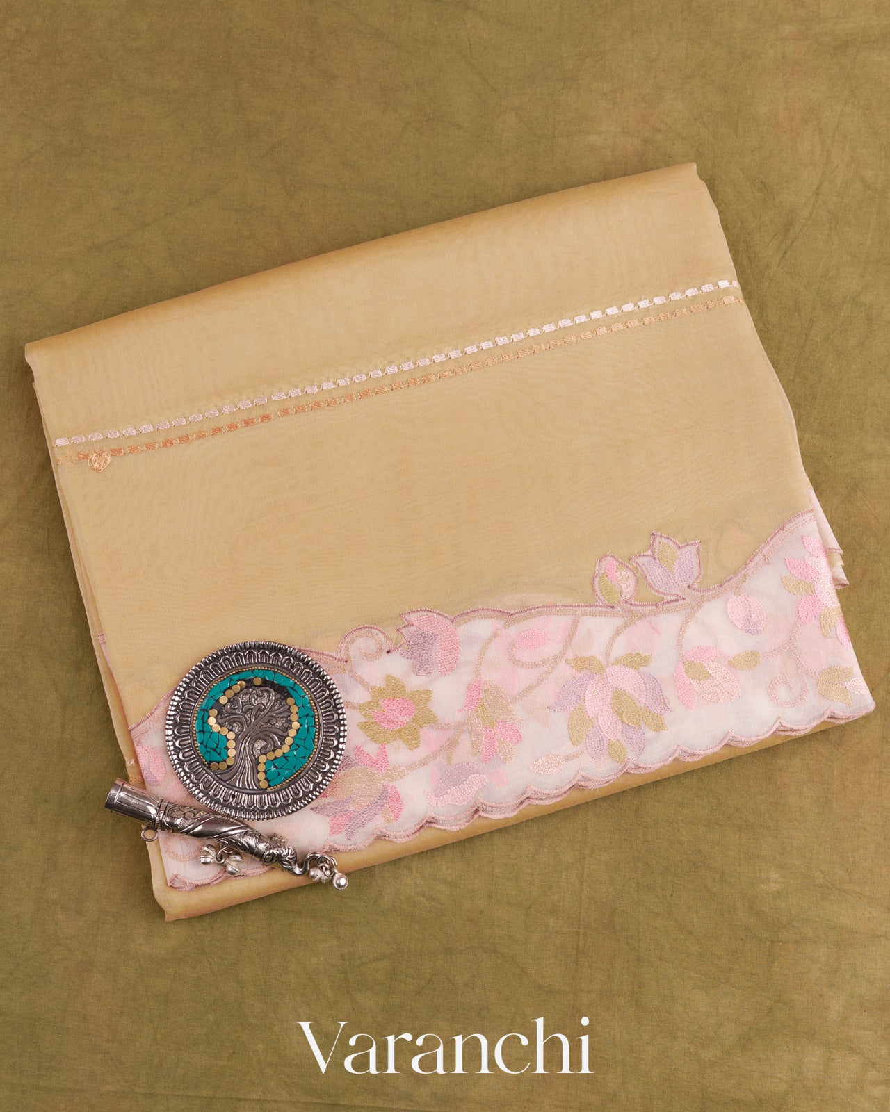 Biscuit Beige with Embroidered Border Pure Kora Silk Saree