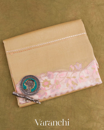 Biscuit Beige with Embroidered Border Pure Kora Silk Saree