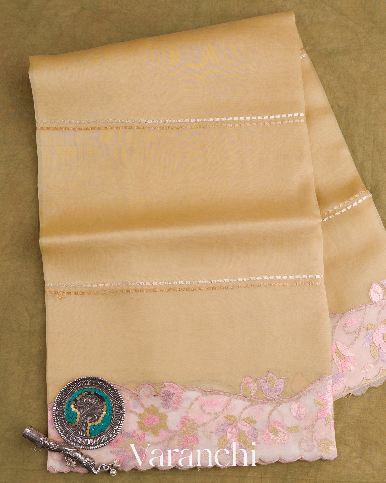 Biscuit Beige with Embroidered Border Pure Kora Silk Saree