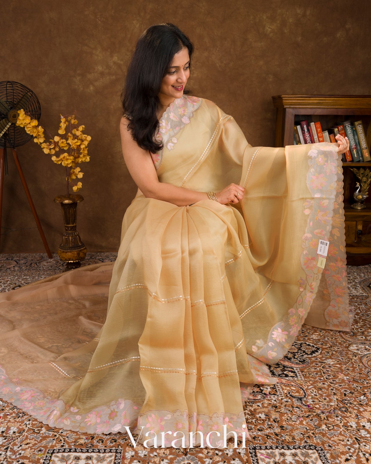 Biscuit Beige with Embroidered Border Pure Kora Silk Saree